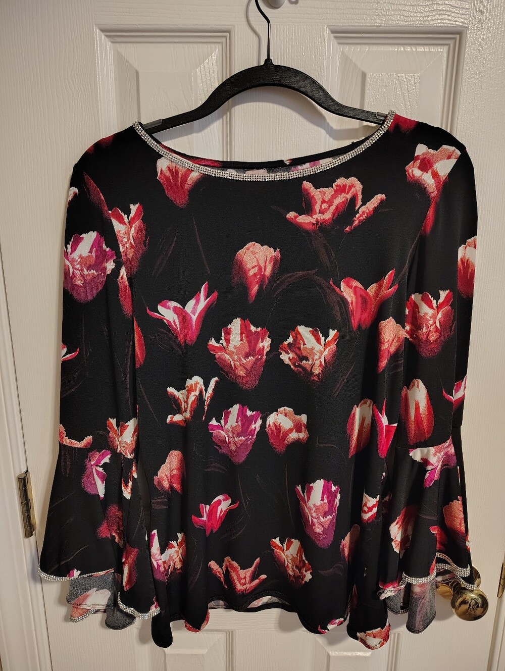 Black Flowered Top With Bell Sleeves And Rhinestone AccentS